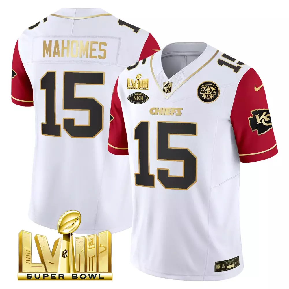 Patrick Mahomes 15 Kansas City Chiefs Super Bowl LVIII Gold Patch Vapor Jersey | All Stitched Fan Gear | For Men, Women & Youth