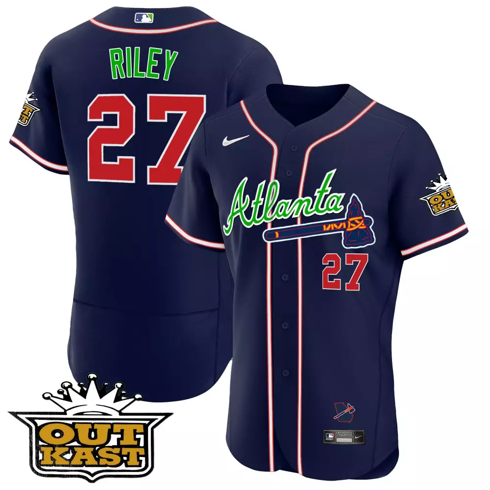 riley 27 atlanta braves navy outkast stitched jersey name patch men s 2023 style