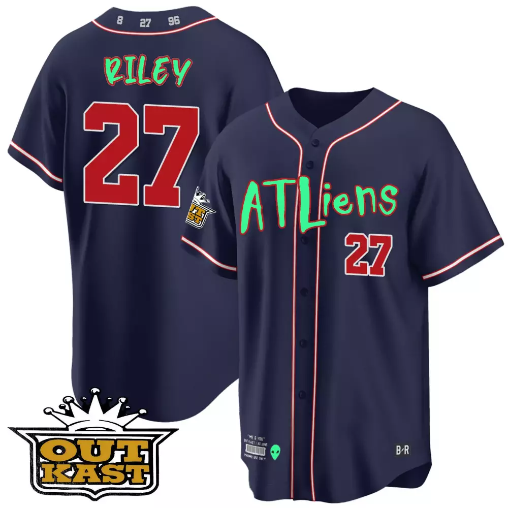 riley 27 atlanta braves navy outkast stitched jersey name patch men s 2023 style