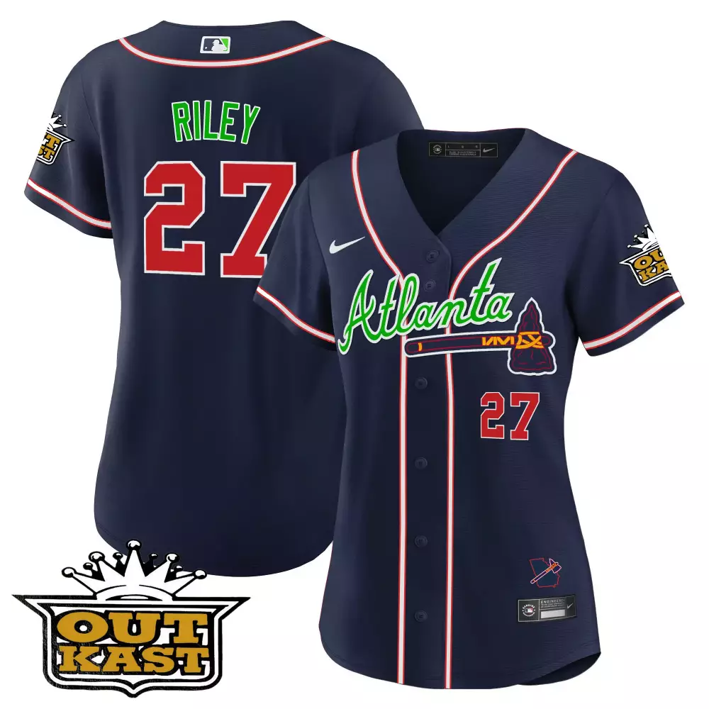 Riley 27 Atlanta Braves 2023 Women's Stitched Jersey | Navy Design with Name Patch | Outkast Style | For Women & Youth