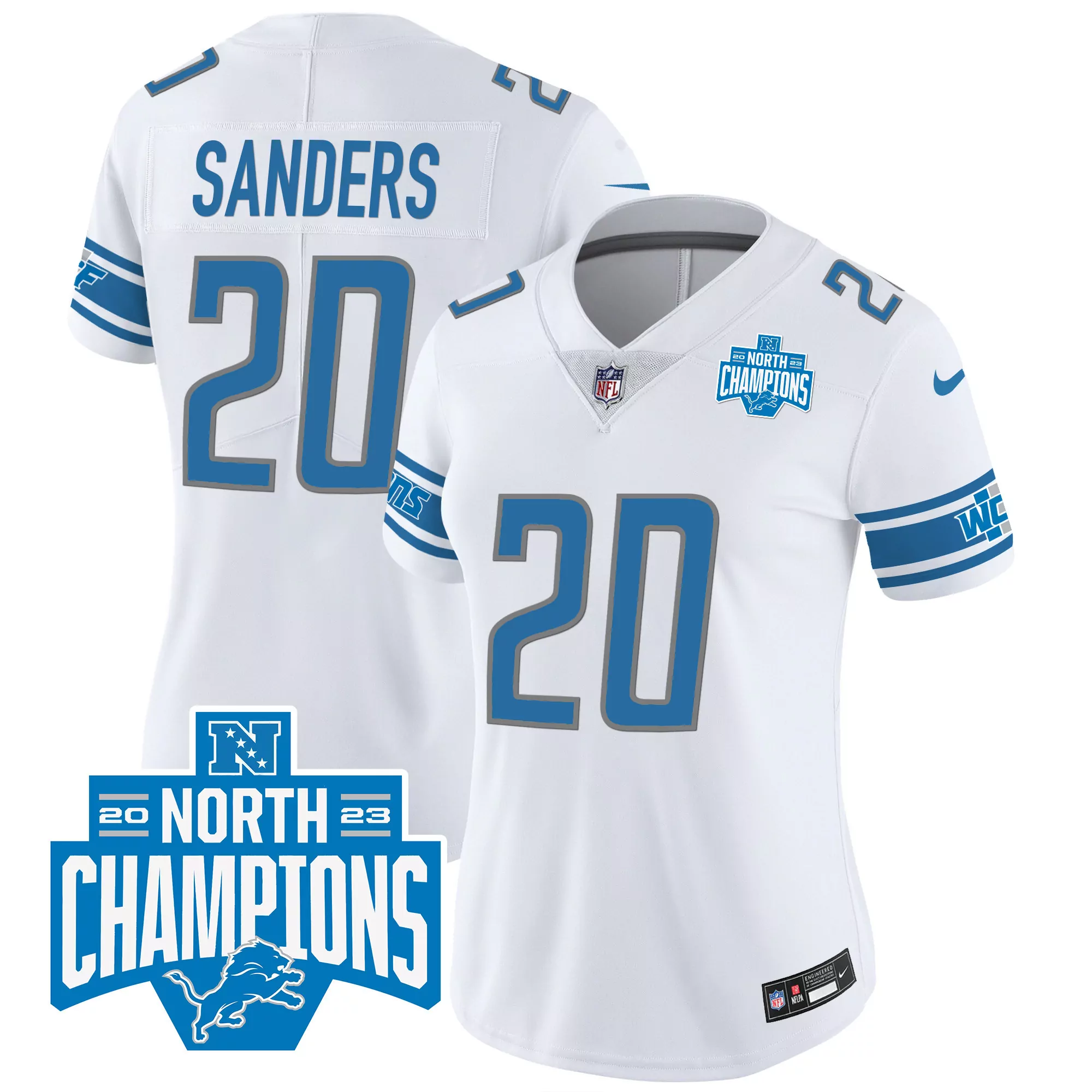 sanders 20 detroit lions 2023 women s white all stitched vapor jersey north champions