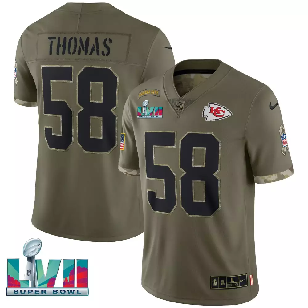 Thomas 58 Kansas City Chiefs Olive Jersey | All Stitched Name Patch | Super Bowl LVII 2023 | For Men, Women & Youth