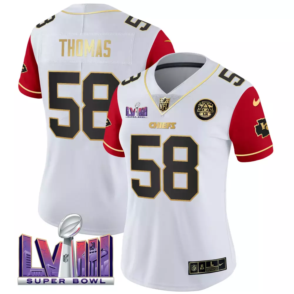 Thomas 58 Kansas City Chiefs White Stitched Jersey with Name Patch | 2023 AFC West Champions | For Men, Women & Youth