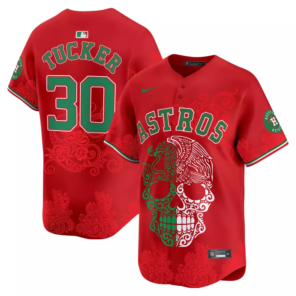 Tucker 30 Houston Astros Red Vapor Jersey | 2023 Aztec Warrior Skull Design | All Stitched Fan Gear | For Men, Women & Youth