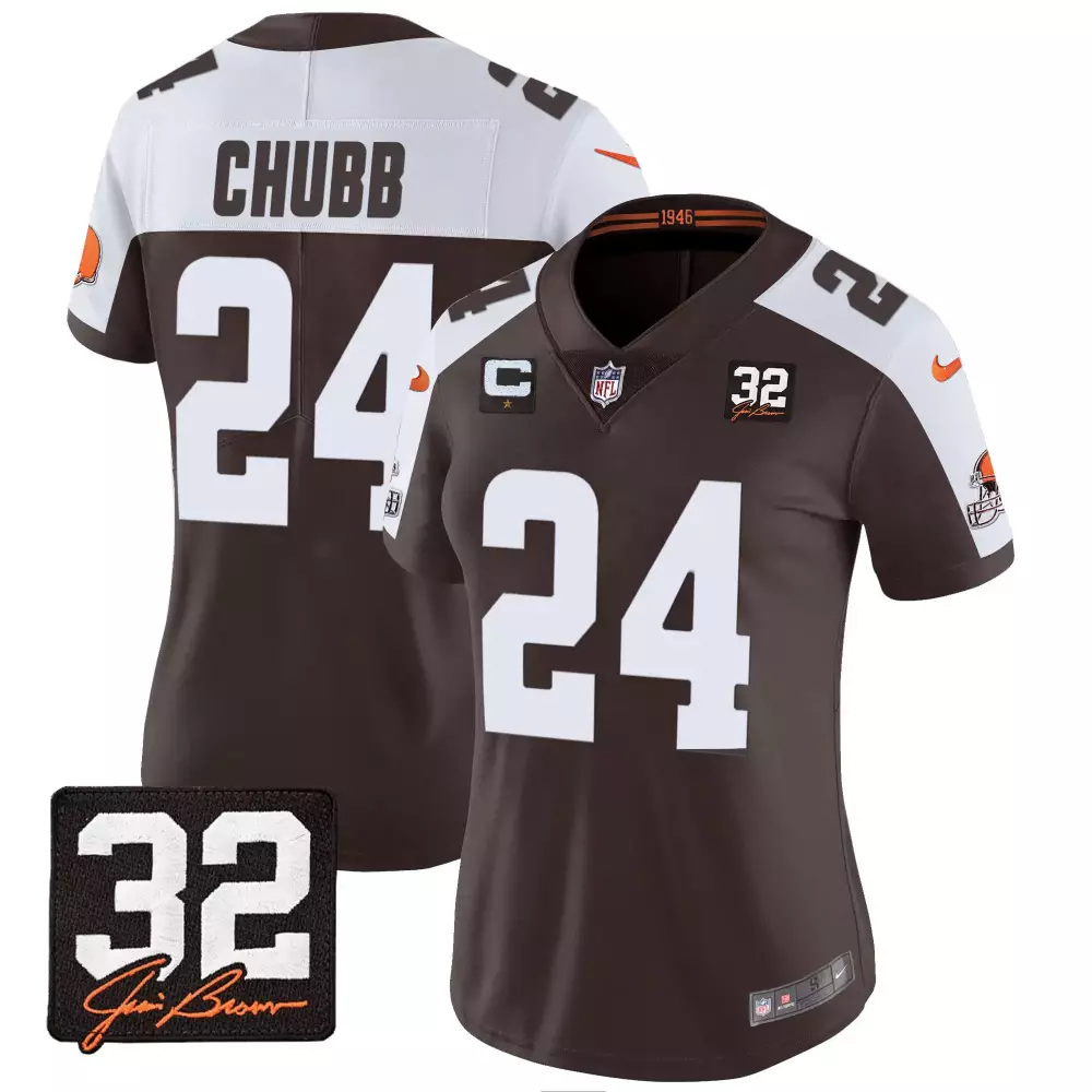 Women's Brown 24 Chubb Jersey 2023 | All Stitched Vapor Jersey with 32 Memorial Patch | Fan Gear for Women