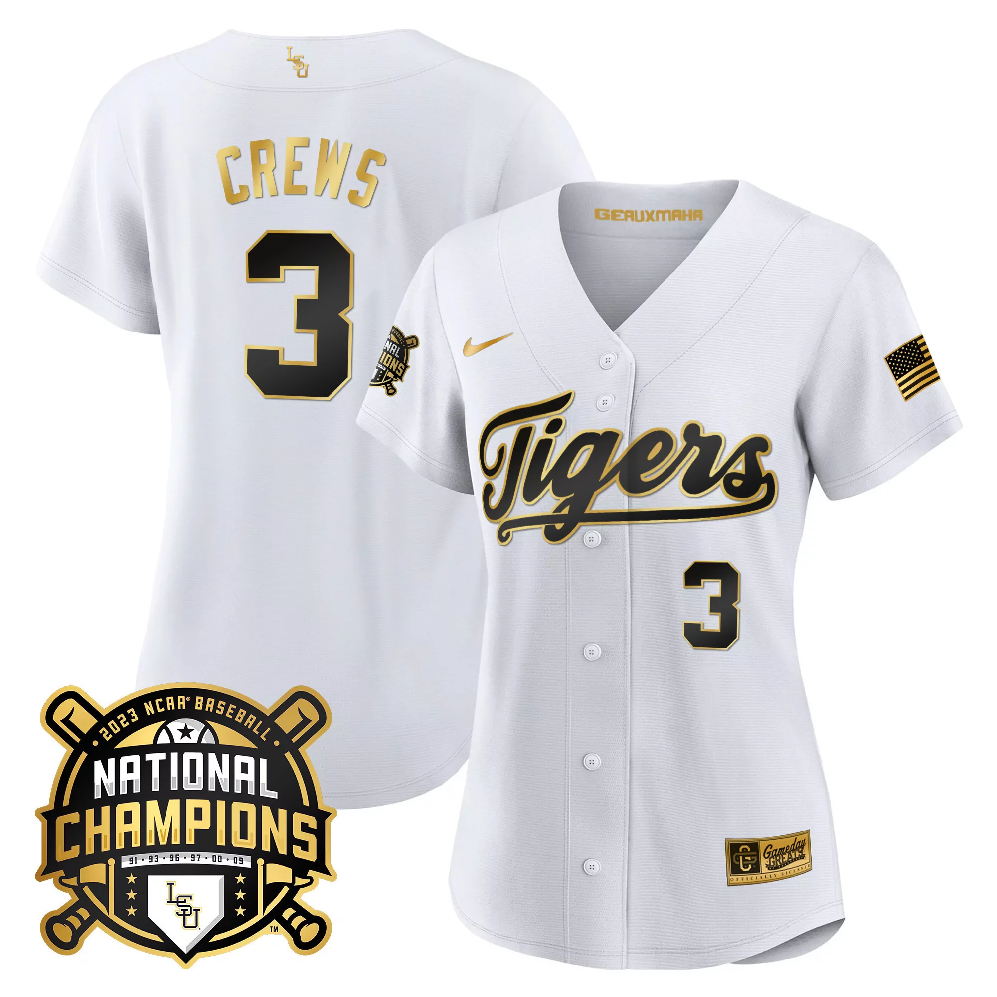 women s lsu tigers white jersey 2023 national champions 3 crews all stitched vapor jersey