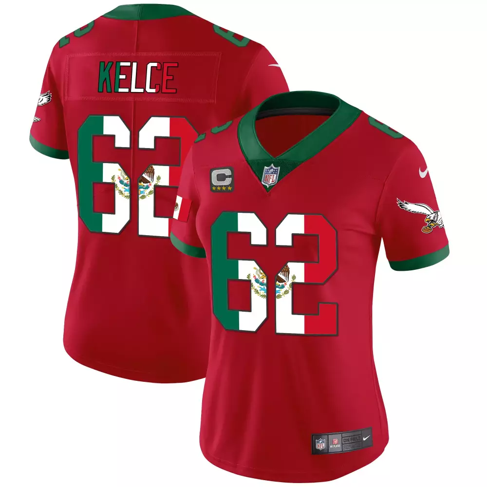 Women's Red Kelce 62 Philadelphia Eagles Mexico Edition Stitched Vapor Jersey | Limited Edition Fan Gear | For Men, Women & Youth