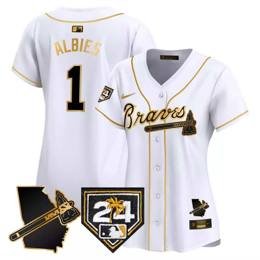 Women's White Atlanta Braves 2024 Limited Jersey Albies 1 with Patches | Stitched Fan Gear | For Women