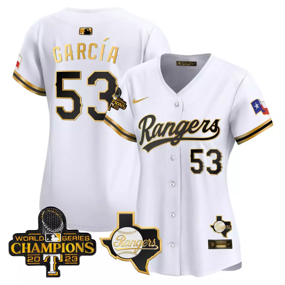 Adolis Garcia 53 Texas Rangers Women's White All Stitched Jersey | Name Patch World Series Champions 2023 | Fan Gear for Game Day | For Women