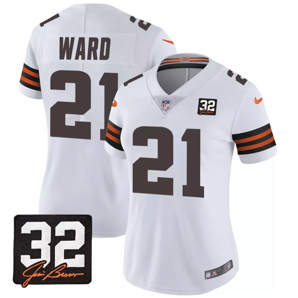 Ward Cleveland Browns 2023 Stitched Vapor Jersey | White with 32 Patch | Replica Fan Gear | For Men, Women & Youth