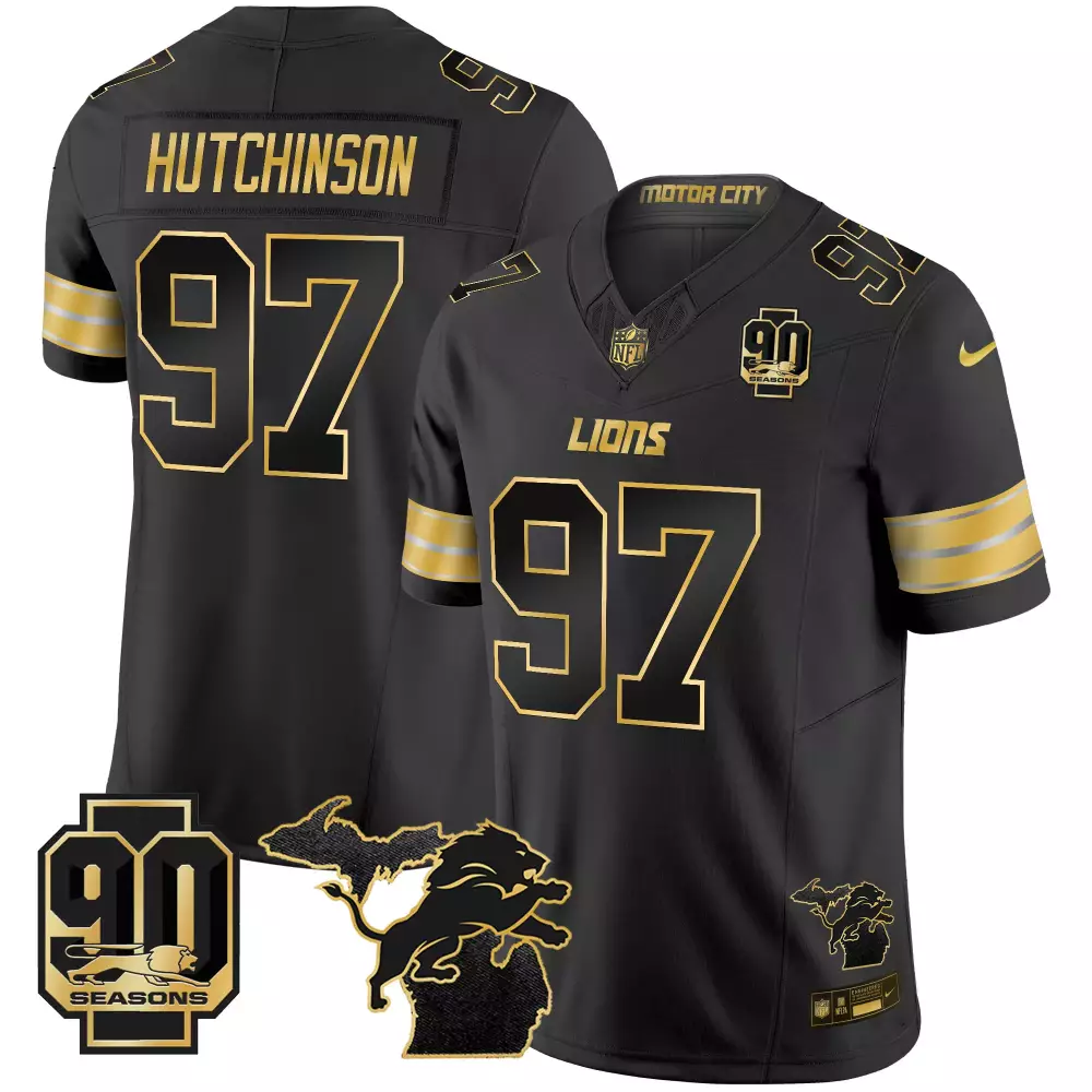 Aidan Hutchinson 97 Men's Black Stitched Vapor Jersey | Detroit Lions 90 Seasons Patch 2025 | Fan Gear for All | For Men, Women & Youth