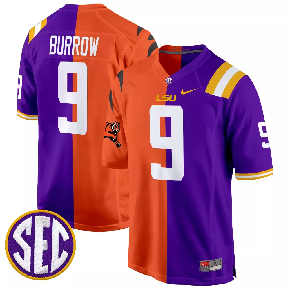 Burrow 9 LSU 2023 Stitched Jersey | SEC Patch in Purple & Orange | Game Day Outfit for Men, Women & Youth