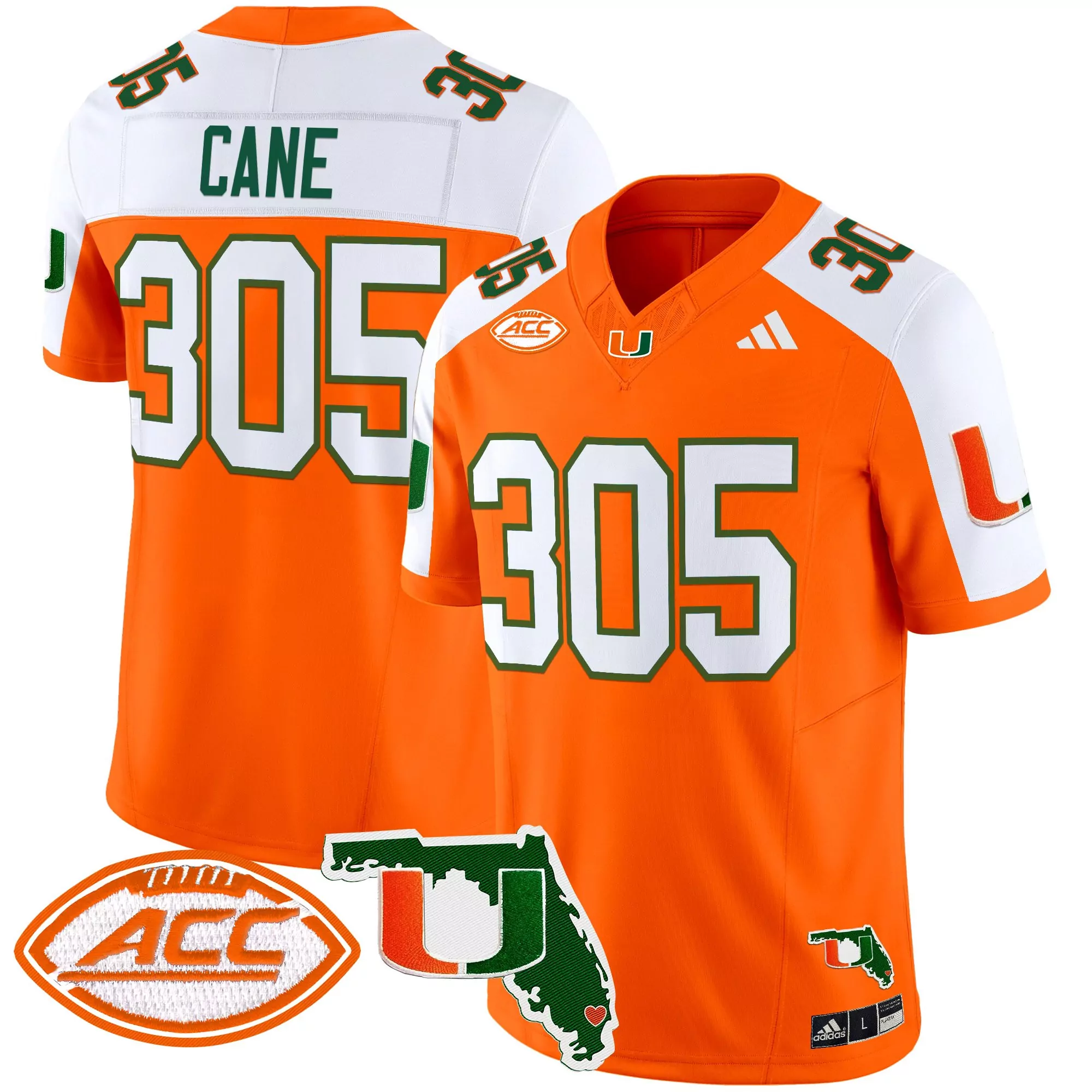 Cane 305 Men'S Orange All Stitched Jersey With Name Patch Miami Hurricanes 2025