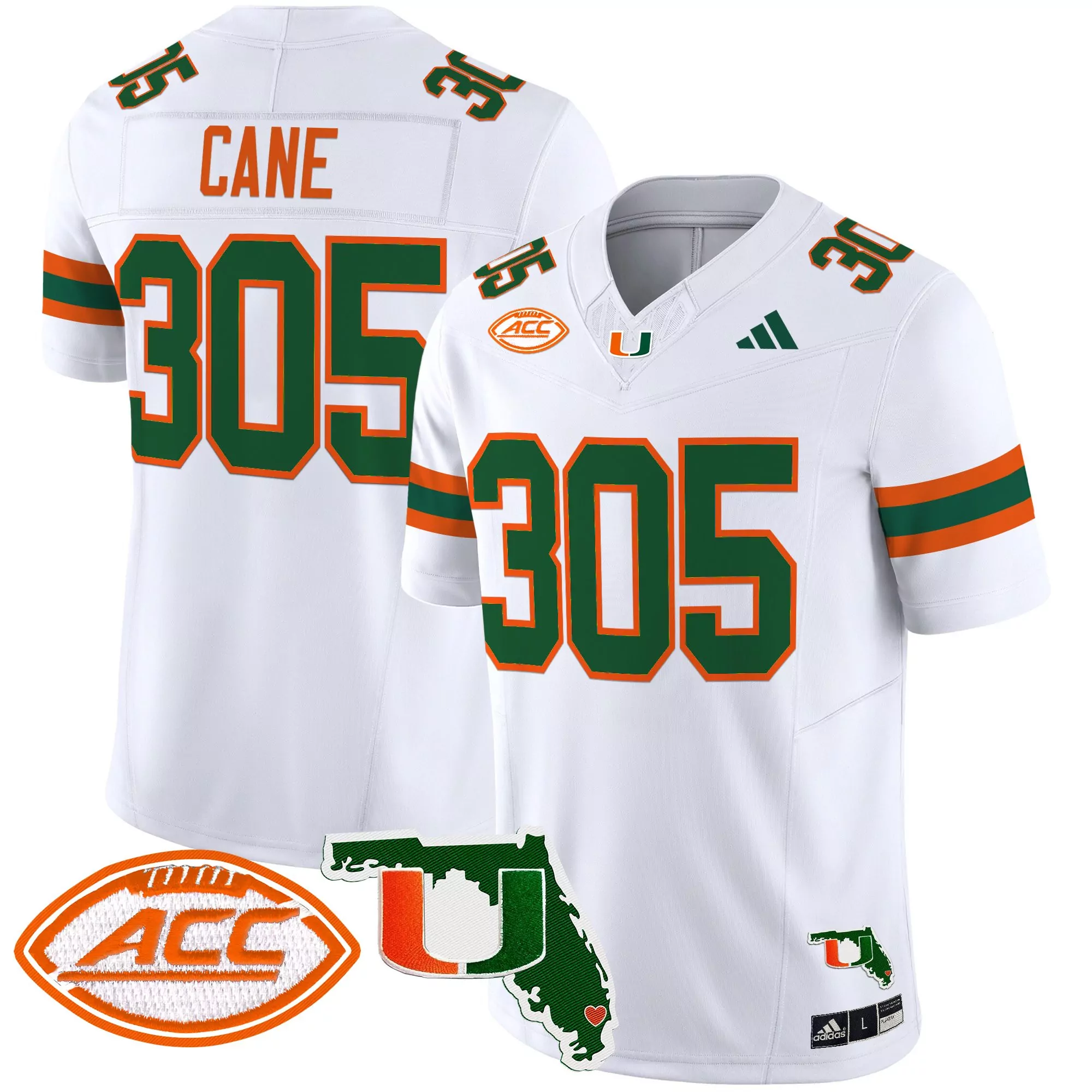 Cane 305 Men'S Stitched Vapor Jersey With Acc Patch 2025 White Miami Hurricanes