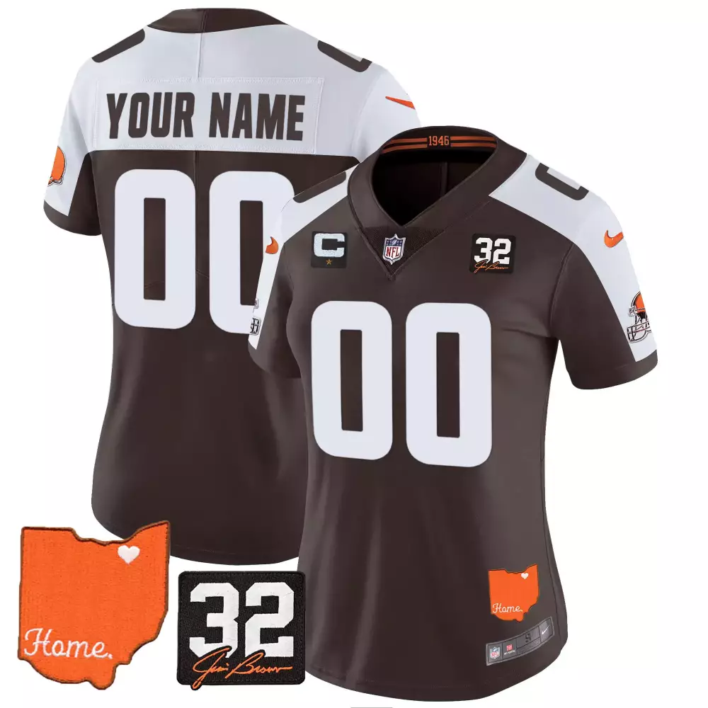 cleveland browns women s white stitched jersey custom name patch 2023 32 jim brown