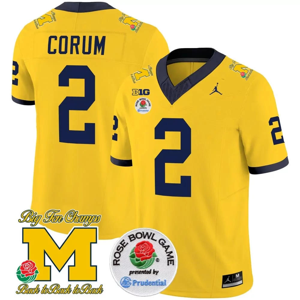 Corum 2 Michigan Wolverines Yellow All Stitched Youth Jersey Name Patch 2023 Rose Bowl Game