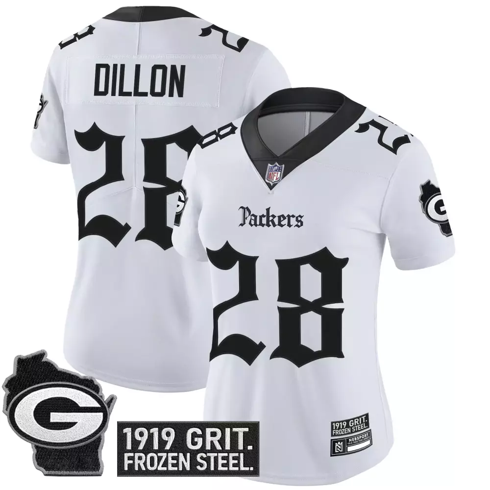 Dillon 28 Women's Stitched Jersey | White Green Bay Packers 2023 Limited Edition Name Patch | Fan Gear for Game Day | For Men, Women & Youth