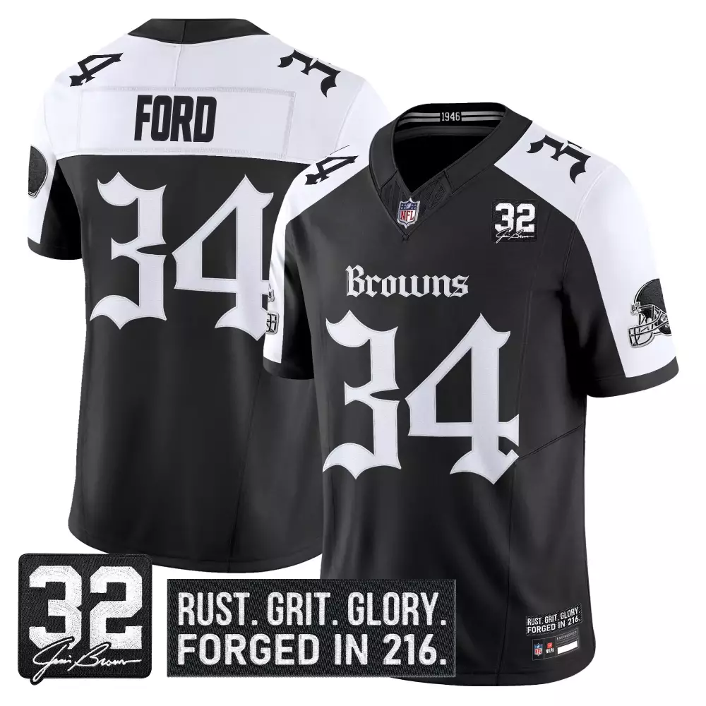 Ford 34 Men's Stitched Jersey | Cleveland Browns White Name Patch 2023 Limited Edition | Game Day Outfit | For Men, Women & Youth