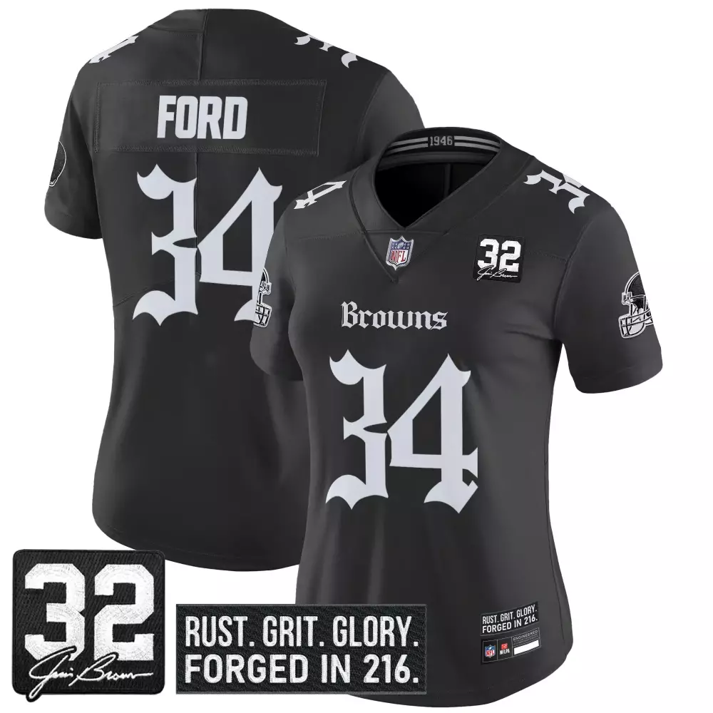 Ford 34 Women's Stitched Vapor Jersey | Cleveland Browns Black 2023 Name Patch | Rust Grit Glory | For Women, Men & Youth