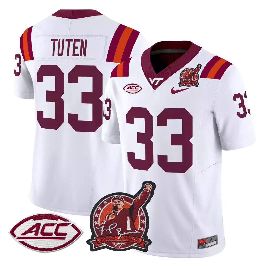 Frank Beamer 33 Virginia Tech Hokies Men'S White All Stitched Jersey With Name Patch 2024