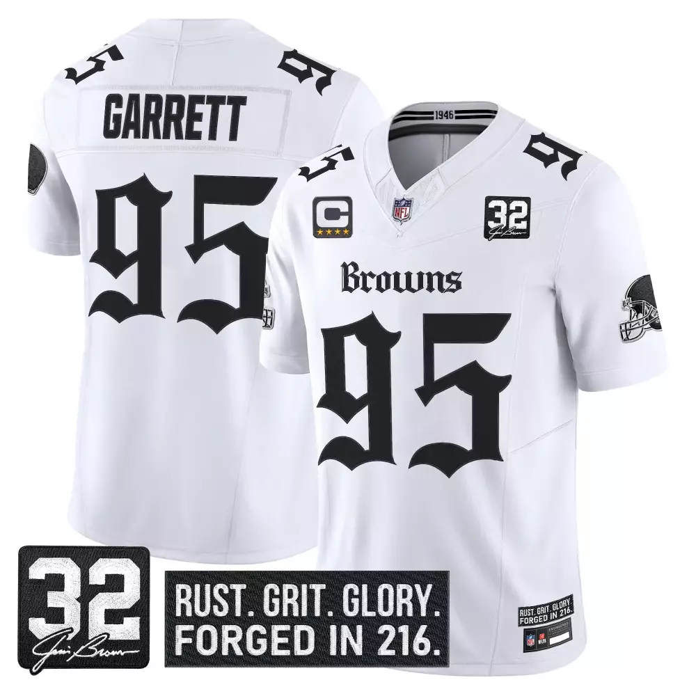 Garrett 95 Men's Stitched Jersey | White Cleveland Browns 2025 Home Name Patch | For Men, Women & Youth