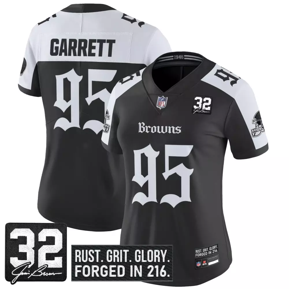 Garrett 95 Women's Stitched Vapor Jersey | Black Cleveland Browns 1946 Patch | Replica Fan Gear | For Men, Women & Youth