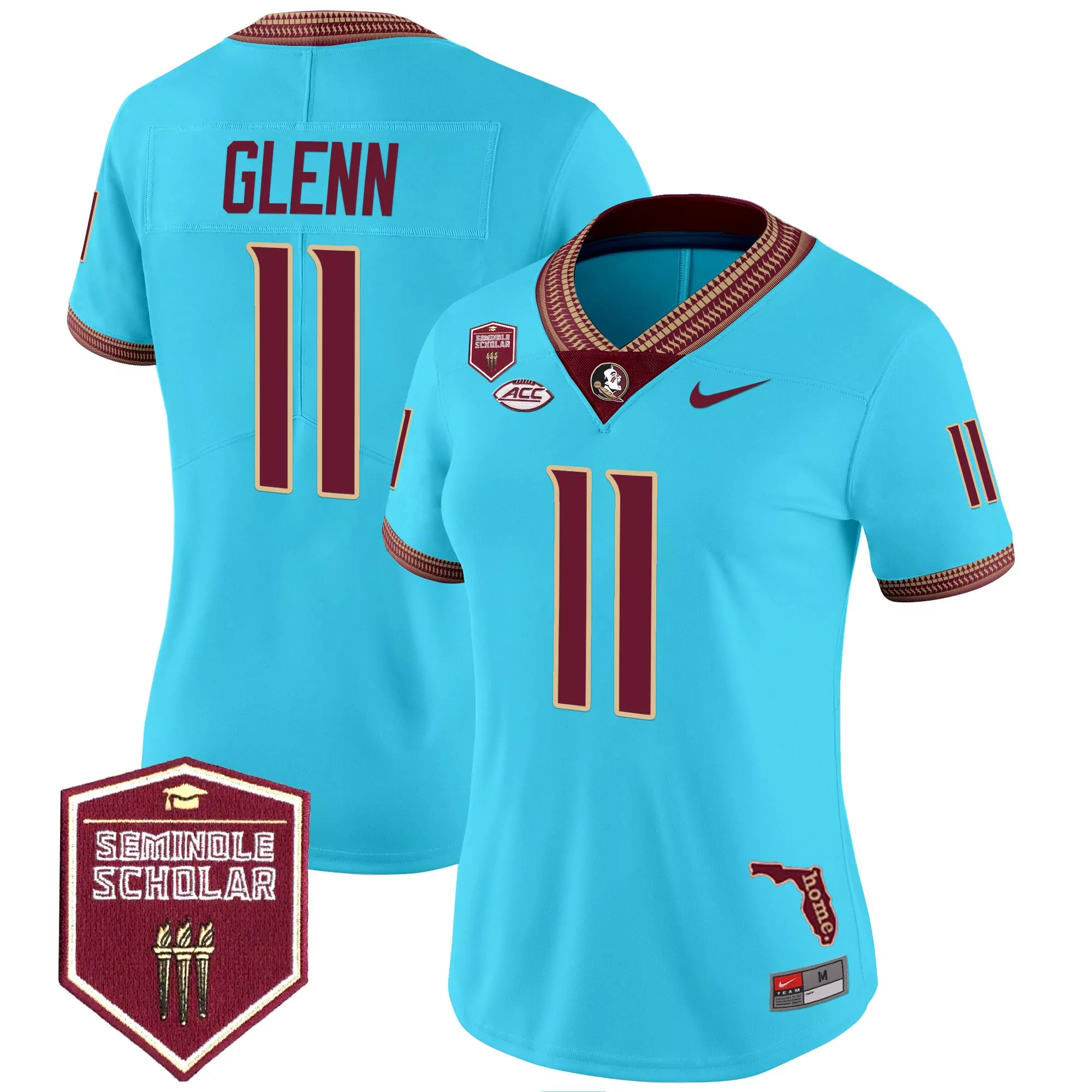 Glenn 11 Women'S Stitched Jersey 2025 Florida State Seminoles Aqua Seminole Scholar Patch