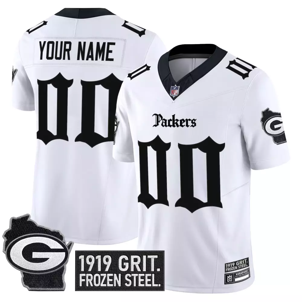 Green Bay Packers Stitched White Jersey | 1919 Grit Frozen Steel Name Patch | For Men, Women & Youth