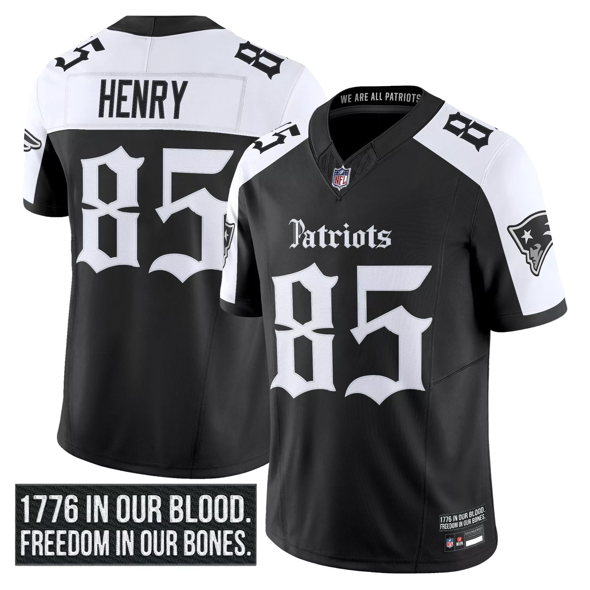 Henry 85 Men'S New England Patriots Black Stitched Jersey 1776 Patch 2023 Edition