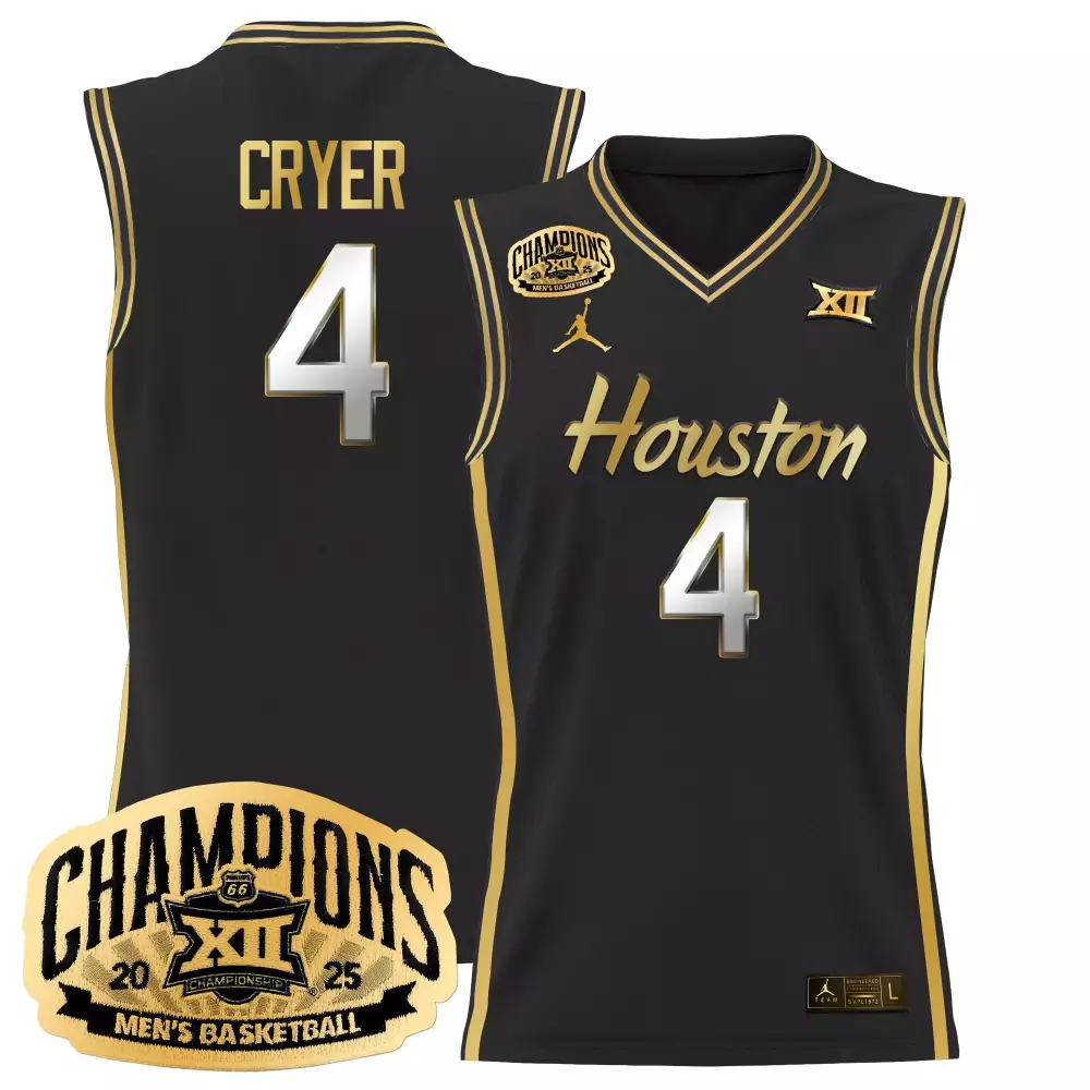 Houston Cougars Black Stitched Jersey Cryer 4 Men'S Basketball 2025 Champions Name Patch