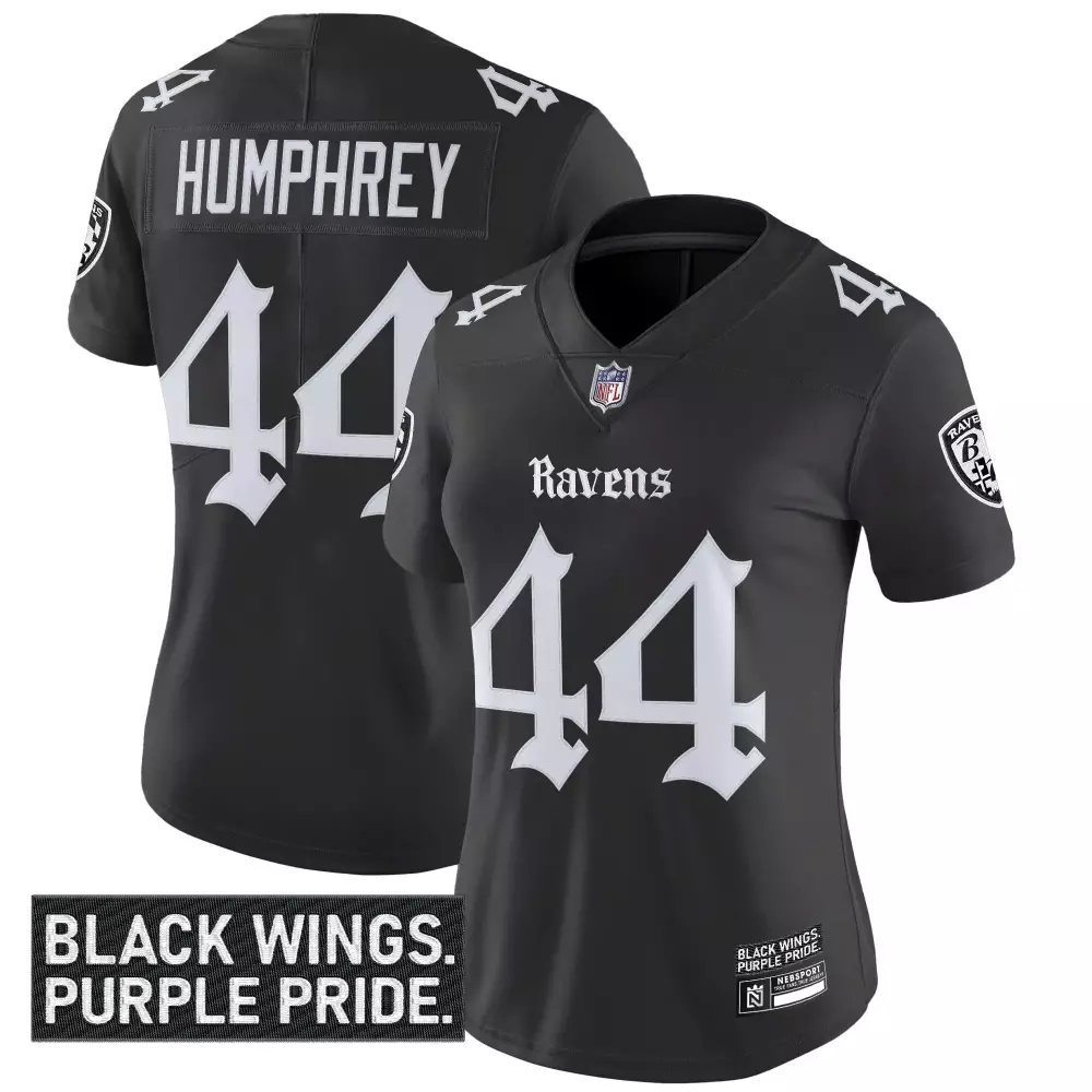 Marlon Humphrey 44 Women's Stitched Name Patch Jersey | Baltimore Ravens Black 2023 | For Women, Men & Youth