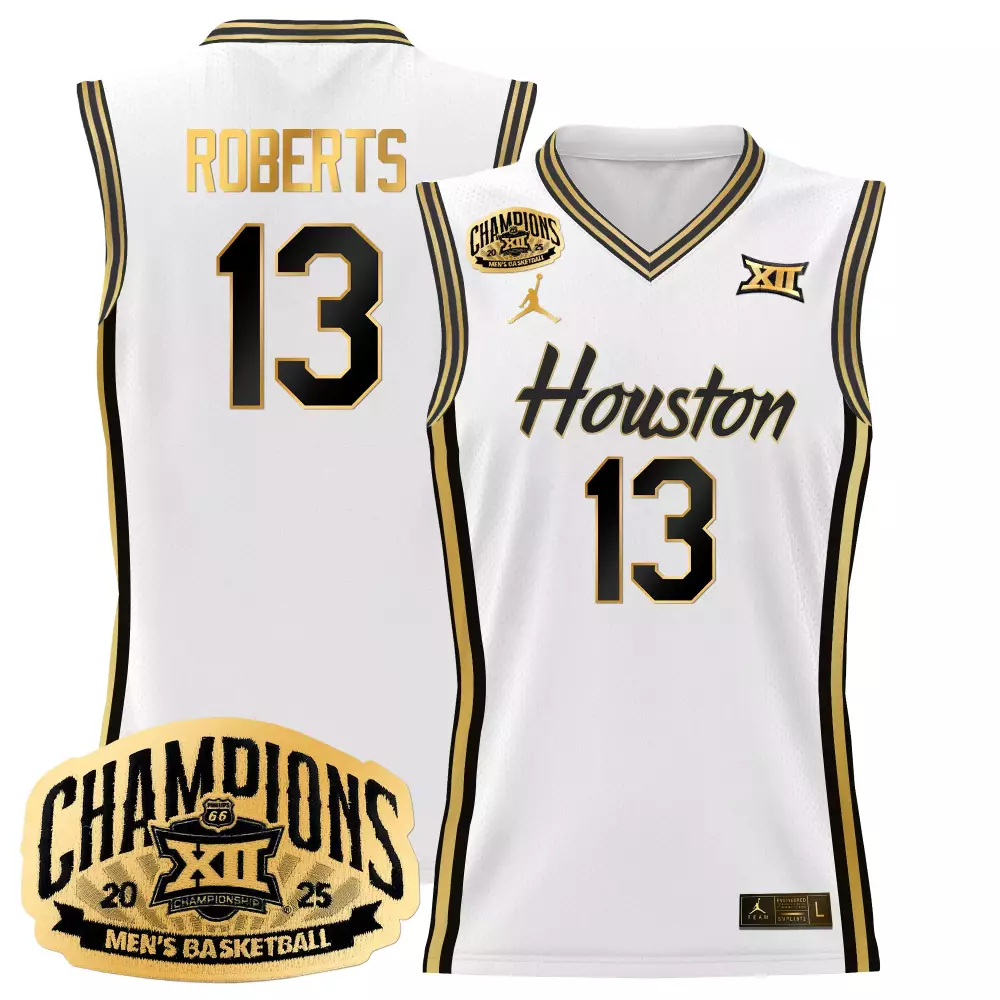 J Wan Roberts 13 Houston Cougars 2025 Stitched Men'S Basketball Jersey White Champions Patch