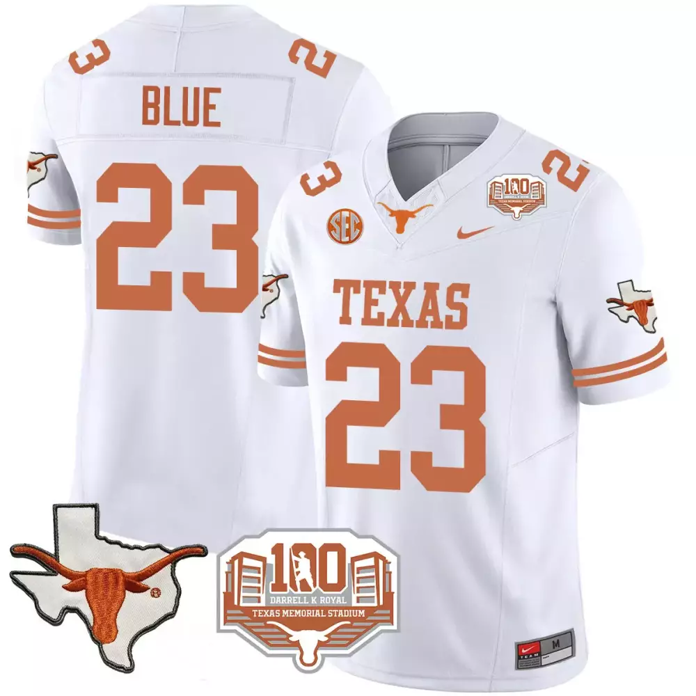 Jaydon Blue 23 Men'S Texas Longhorns White Stitched Jersey 100 Years Of Darrell K Royal