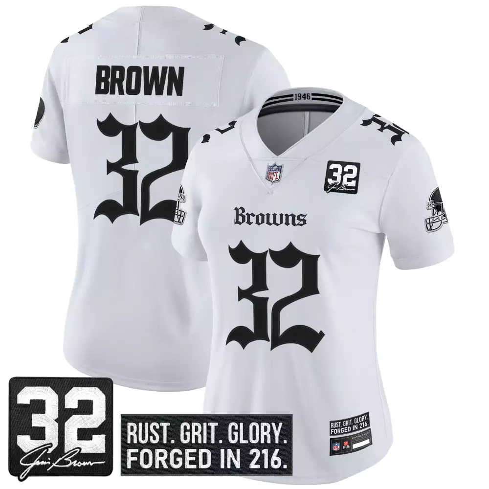 Jim Brown 32 Women's Stitched Jersey | Cleveland Browns White Name Patch 2025 | For Men, Women & Youth