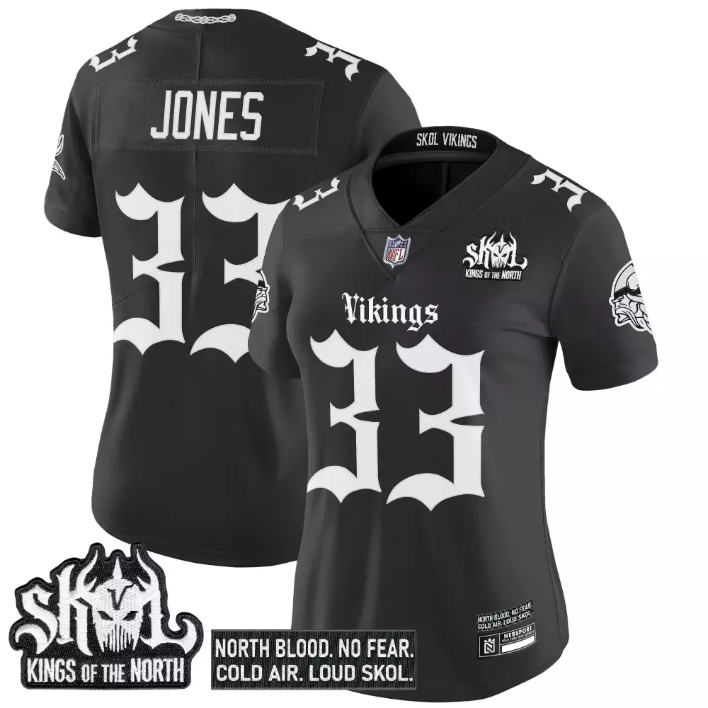Jones 33 Minnesota Vikings Women's Black Stitched Jersey | Kings of the North 2023 | Game Day Outfit for Women