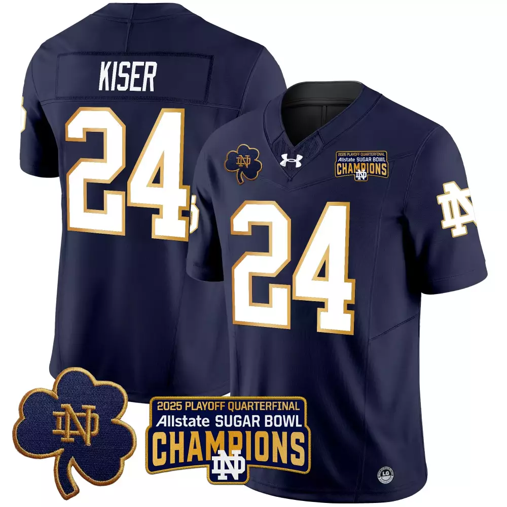 Kiser 24 Notre Dame 2025 Stitched Navy Jersey with Name Patch | Sugar Bowl Champions Fan Gear | For Men, Women & Youth