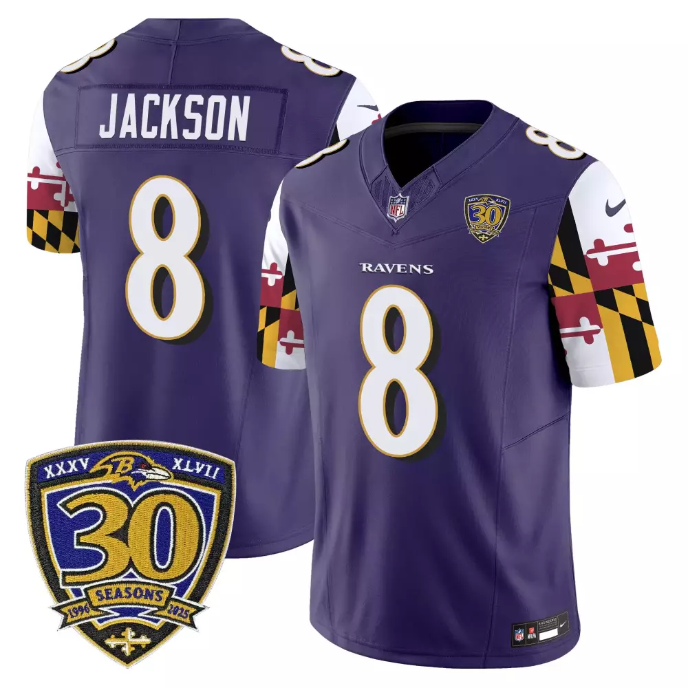 Lamar Jackson 8 Men's Purple Stitched Jersey | Baltimore Ravens 30 Seasons Patch 2023 | Game Day Outfit | For Men, Women & Youth