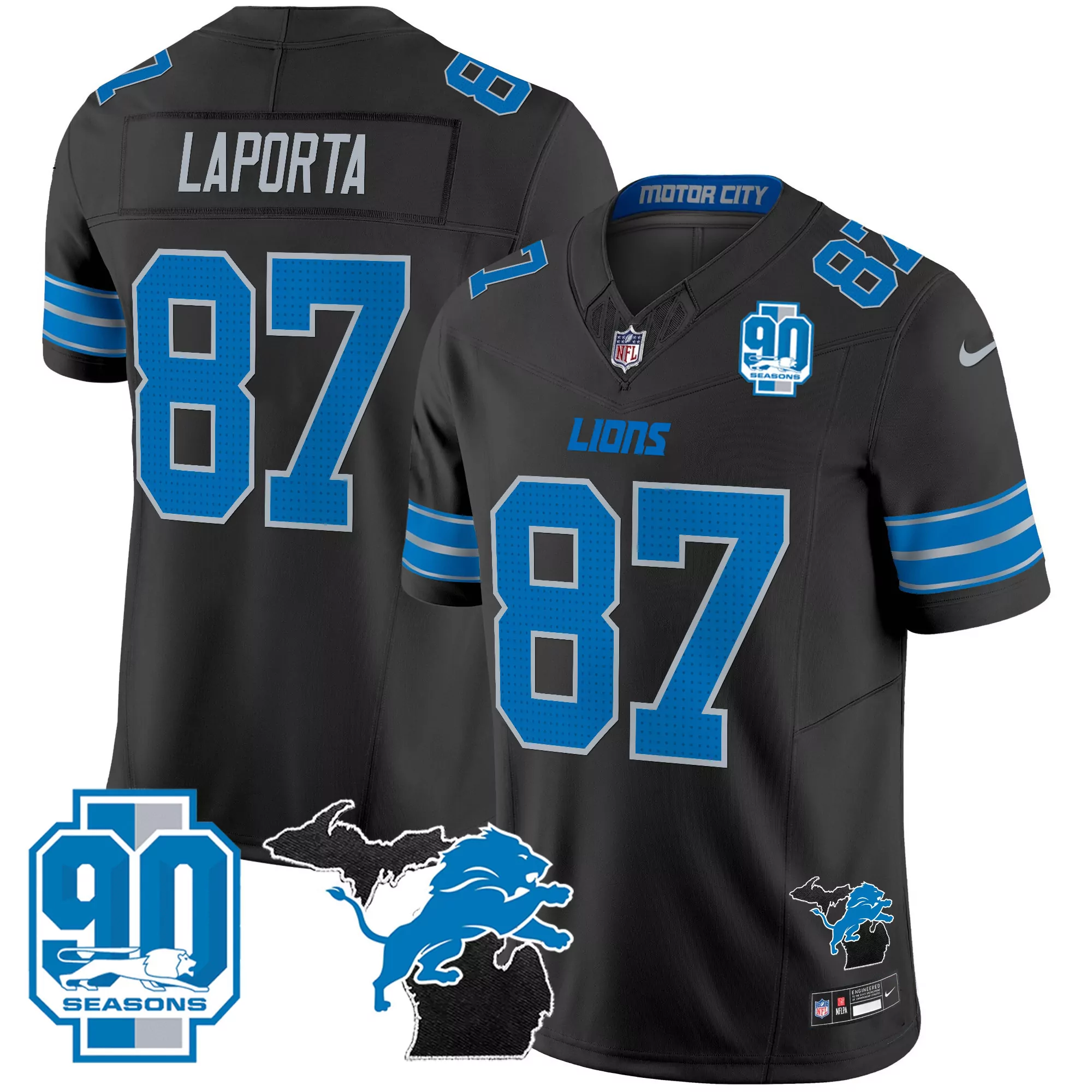 Laporta 87 Men'S Black Stitched Jersey Detroit Lions Motor City Edition 2023 Name Patch