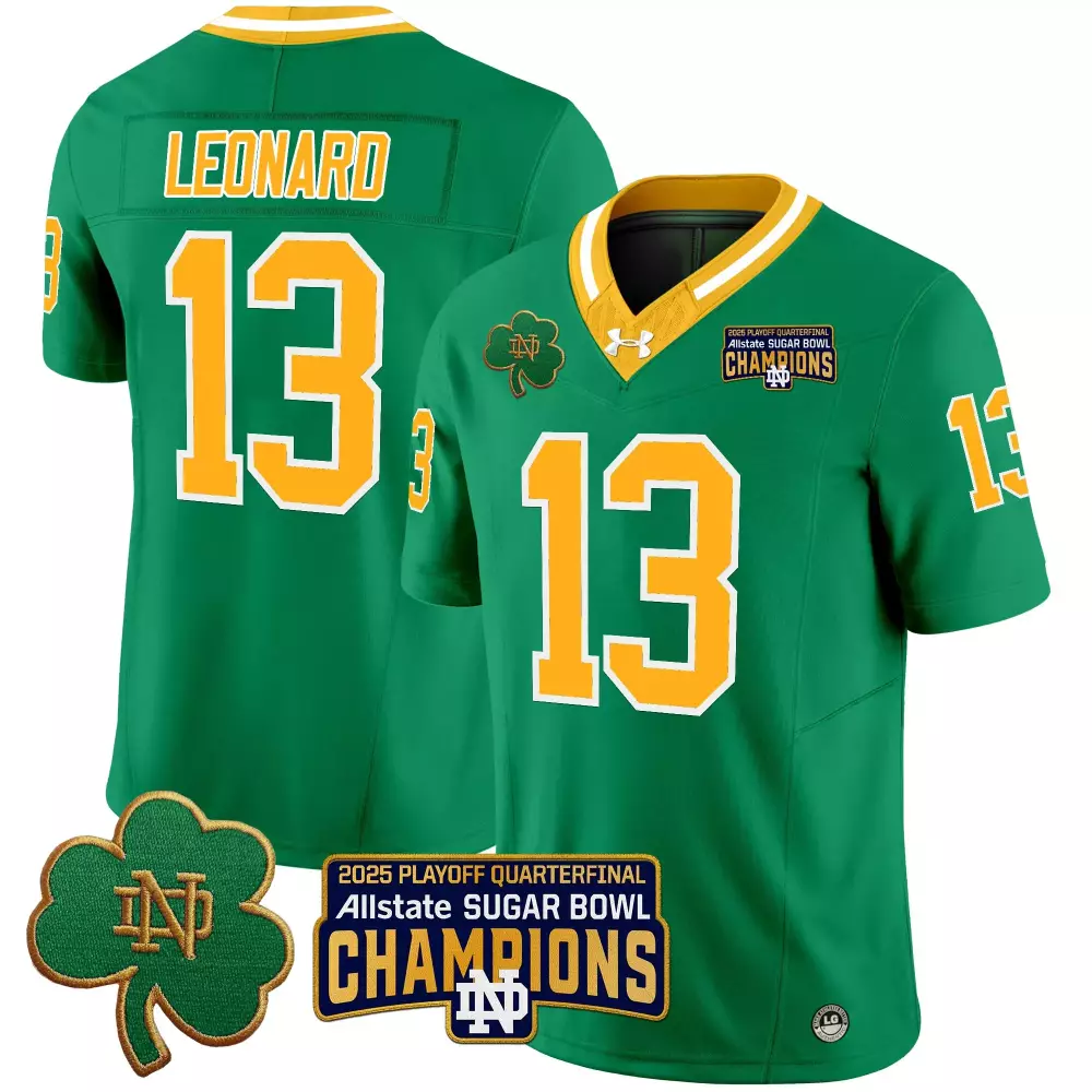 leonard 13 men s vapor jersey notre dame fighting irish green sugar bowl champions 2025