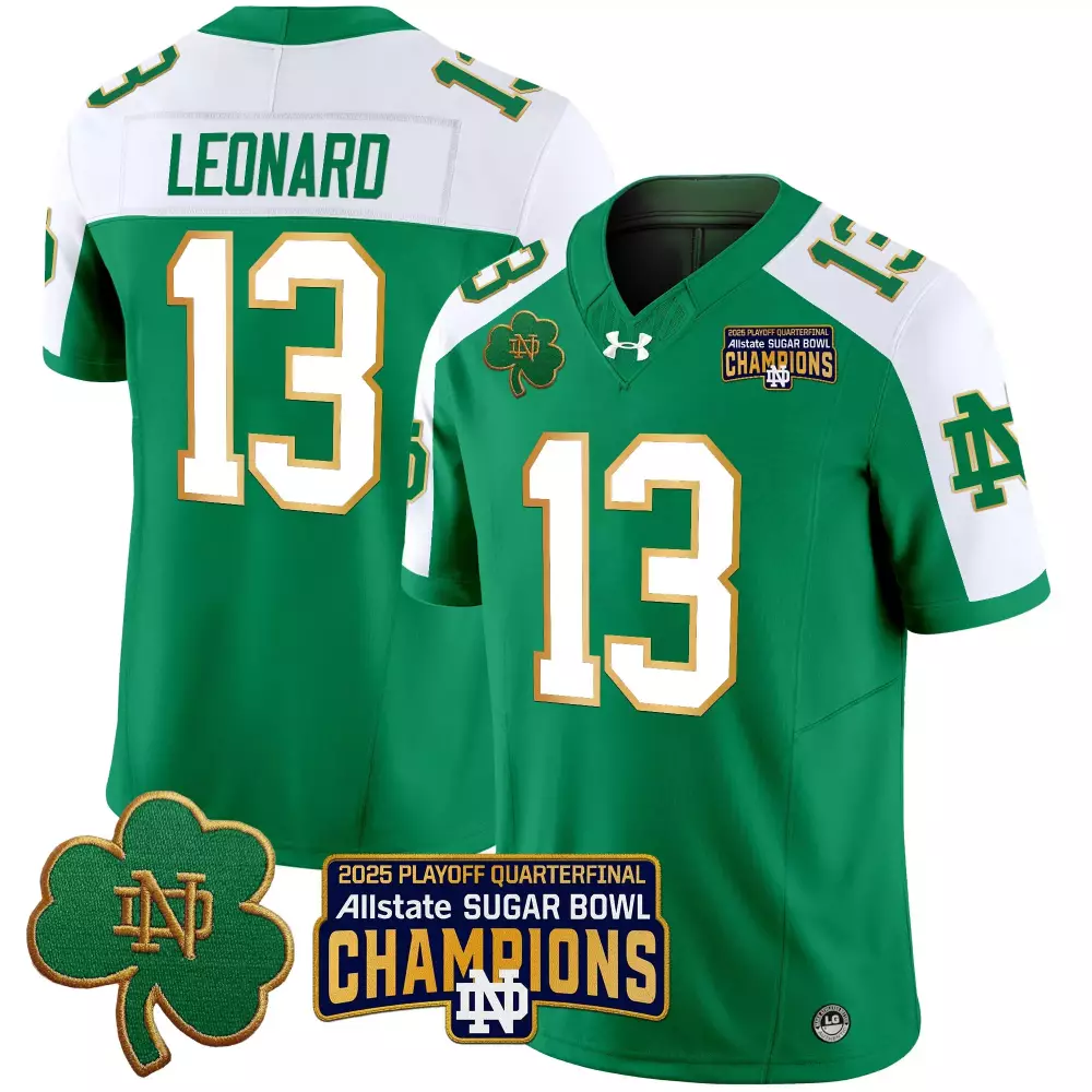 leonard 13 men s vapor jersey notre dame fighting irish green sugar bowl champions 2025