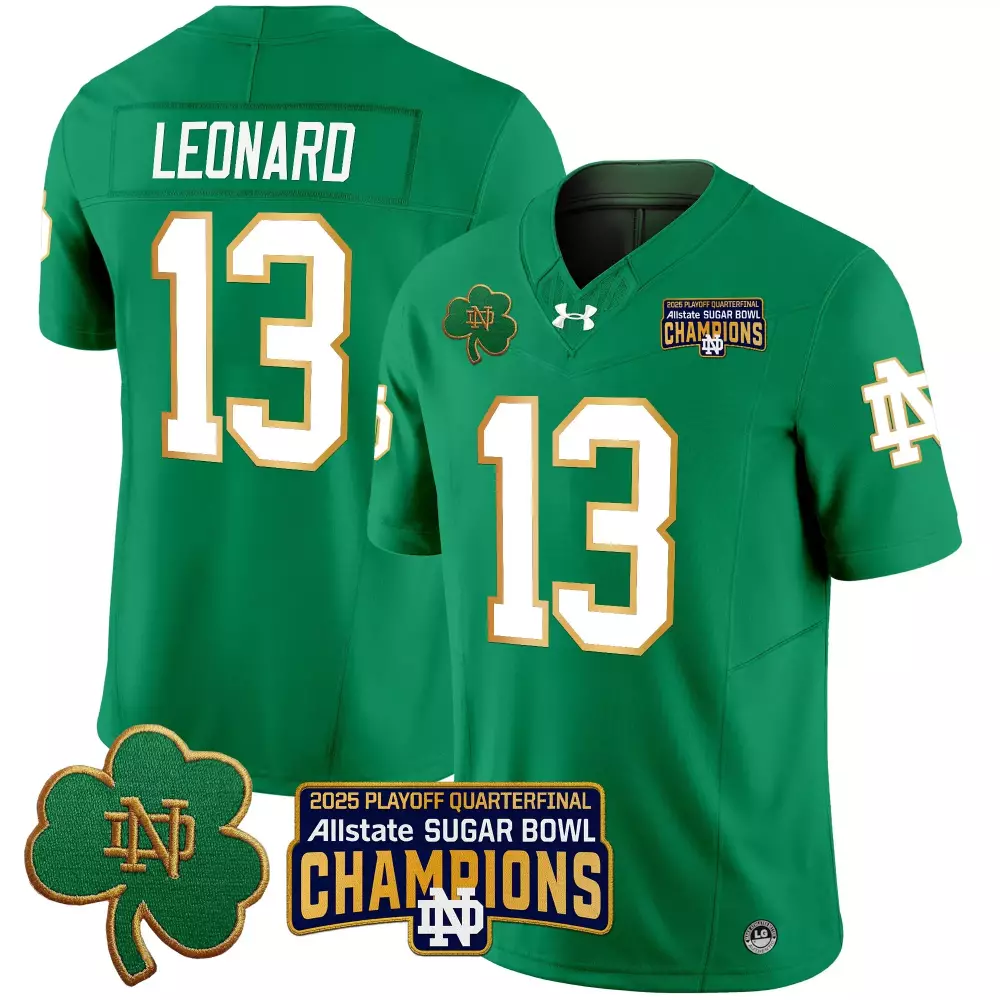 leonard 13 men s vapor jersey notre dame fighting irish green sugar bowl champions 2025