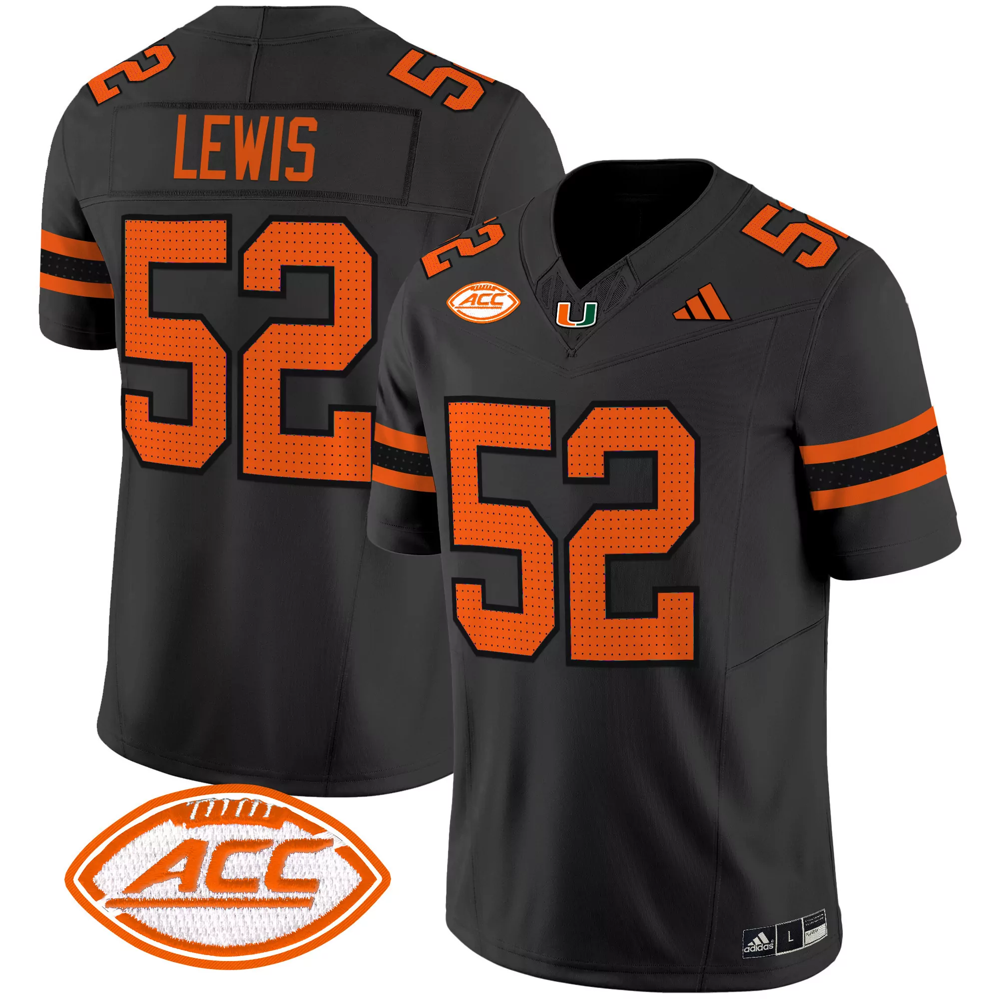 Lewis 52 Men'S Black Miami Hurricanes All Stitched Jersey With Name Patch 2025