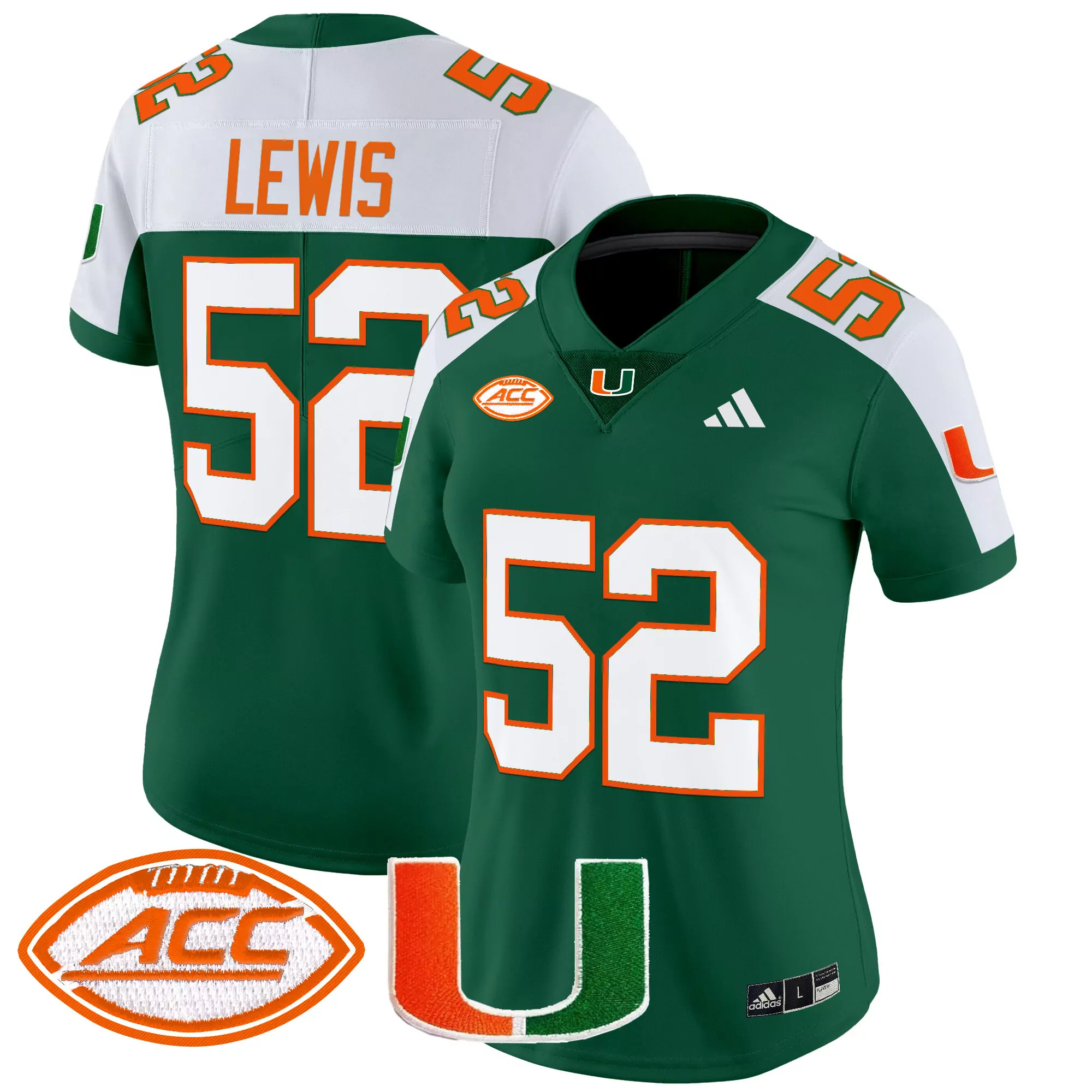 Lewis 52 Women'S Miami Hurricanes Green Stitched Jersey With Acc Patch 2025
