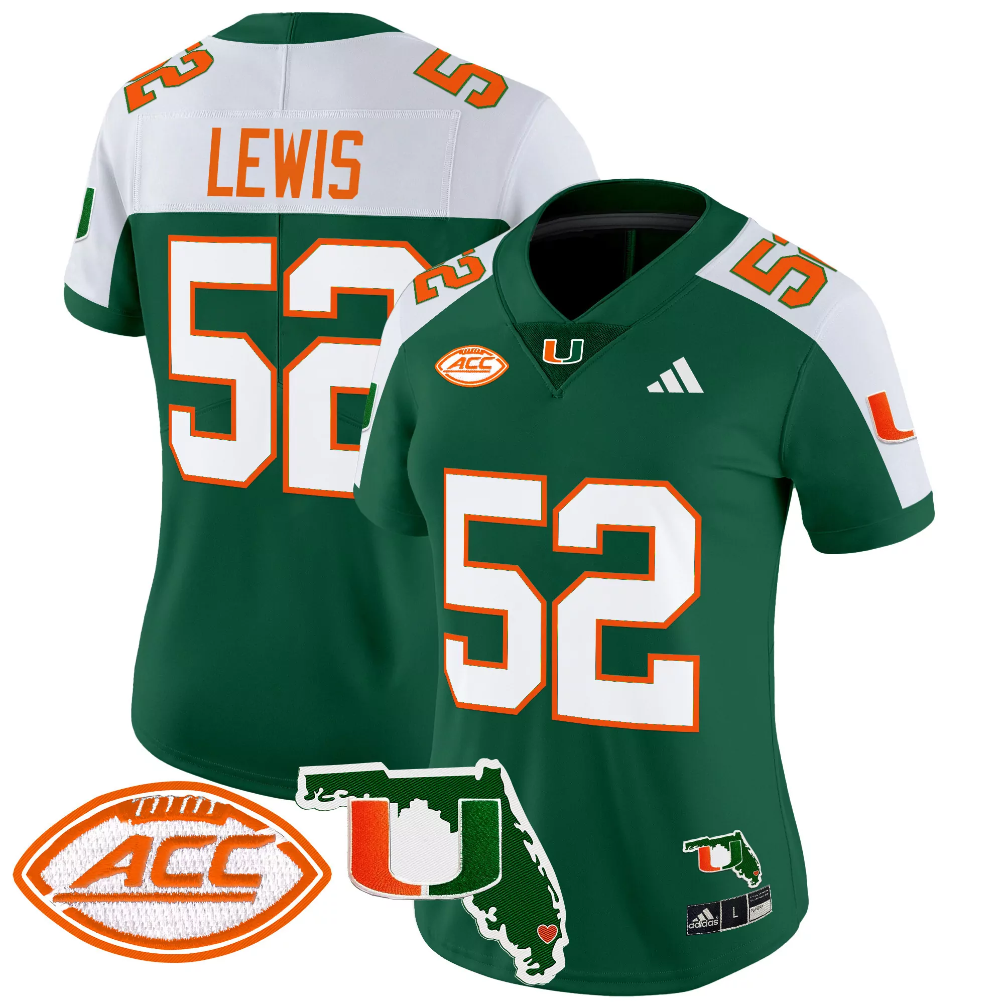 Lewis 52 Women'S Miami Hurricanes Green Stitched Jersey With Acc Patch 2025
