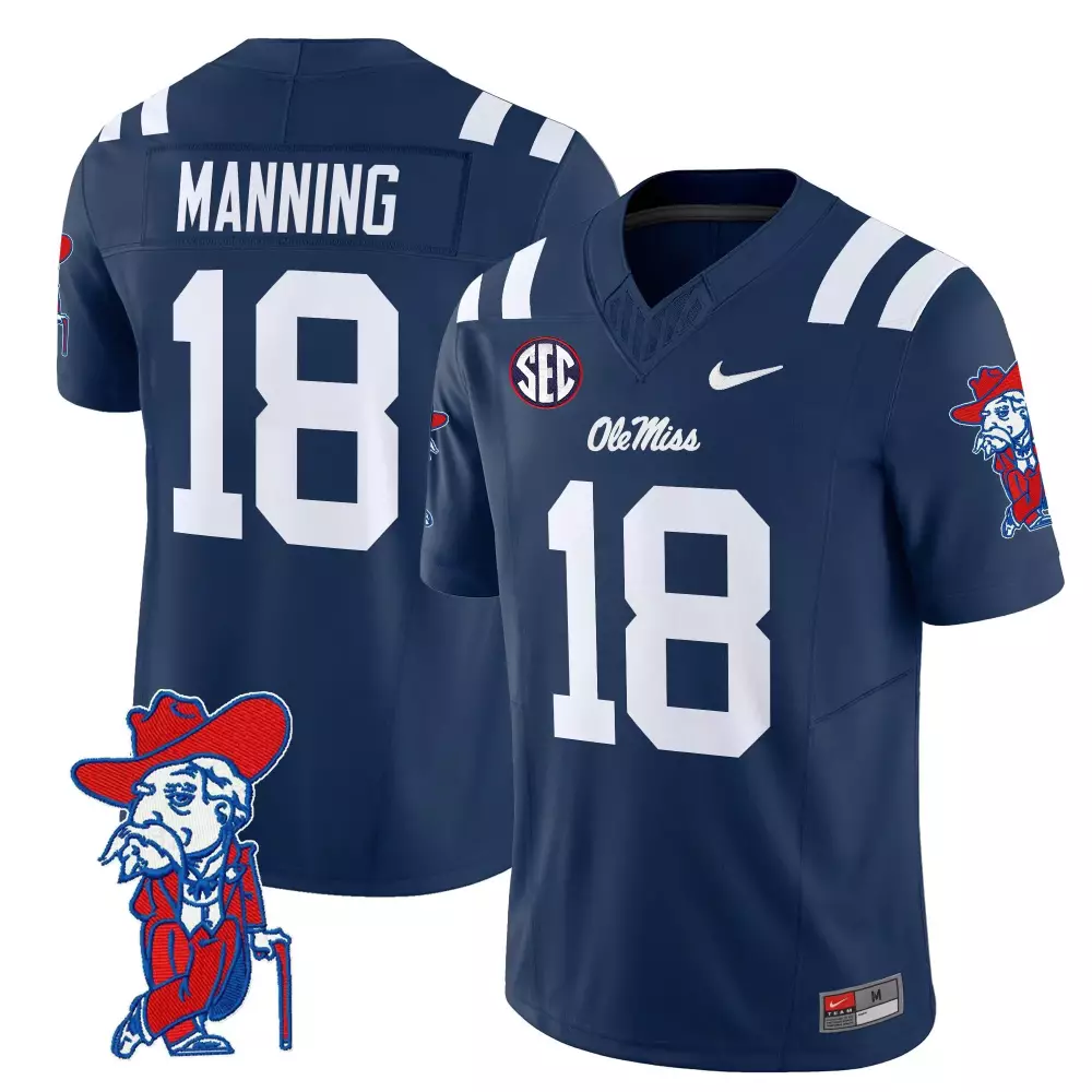 Manning 18 Ole Miss Rebels 2025 Blue Stitched Jersey | Name Patch Fan Gear | For Men, Women & Youth