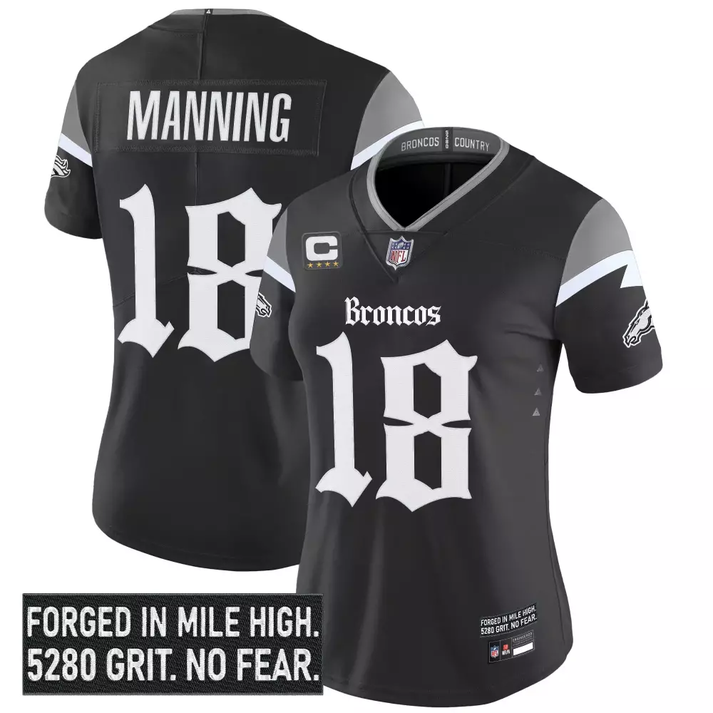 Manning 18 Women's Stitched Jersey Denver Broncos Black Edition 2023 | Name Patch | Limited Edition Fan Gear | For Men, Women & Youth