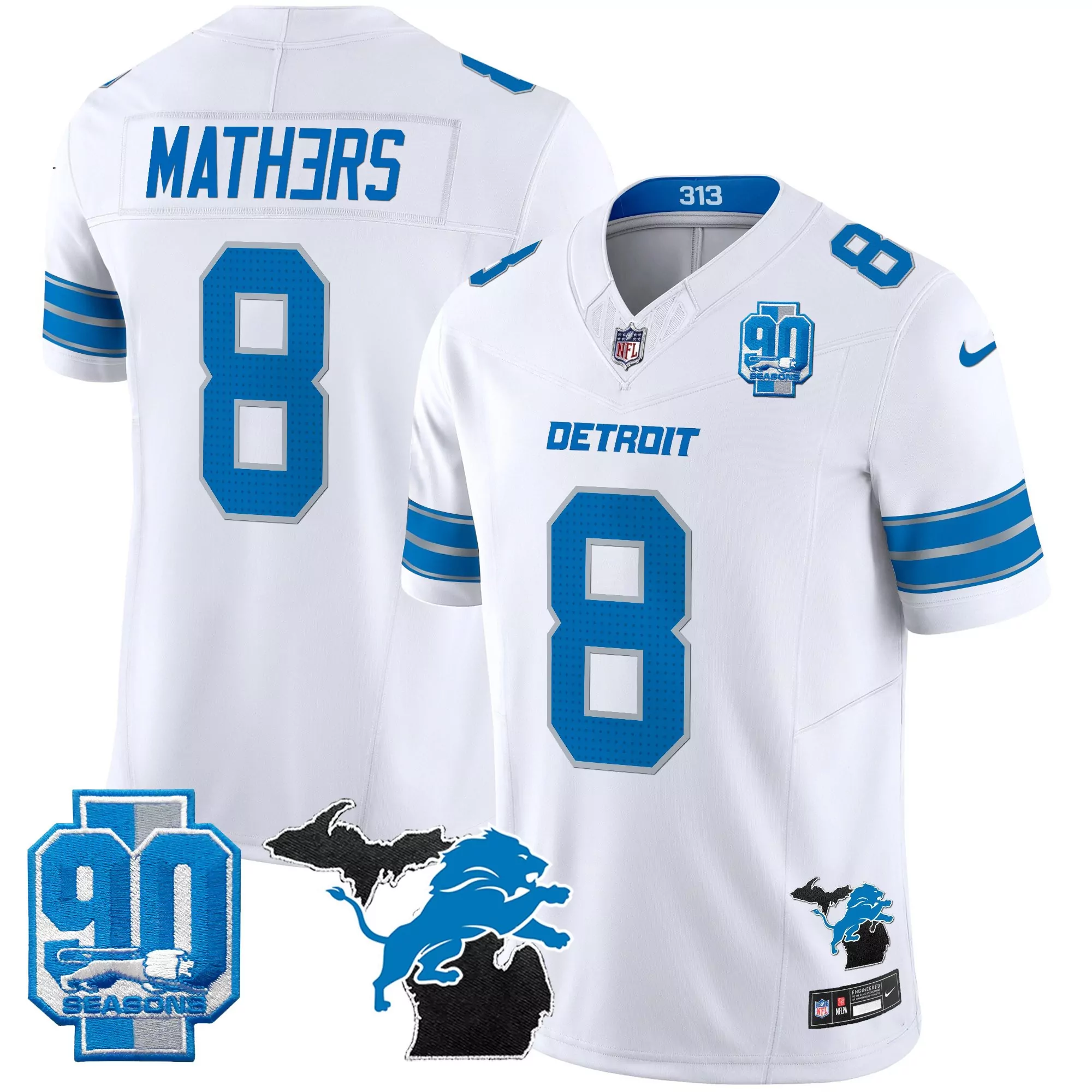 Mathers 8 Men'S Stitched Vapor Jersey Detroit Lions White 90 Seasons Patch 2025
