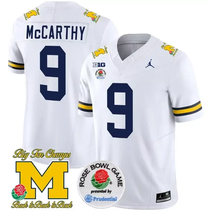 McCarthy 9 Michigan Wolverines White Jersey | All Stitched Men Name Patch 2023 Rose Bowl Game | Limited Edition Fan Gear | For Men, Women & Youth