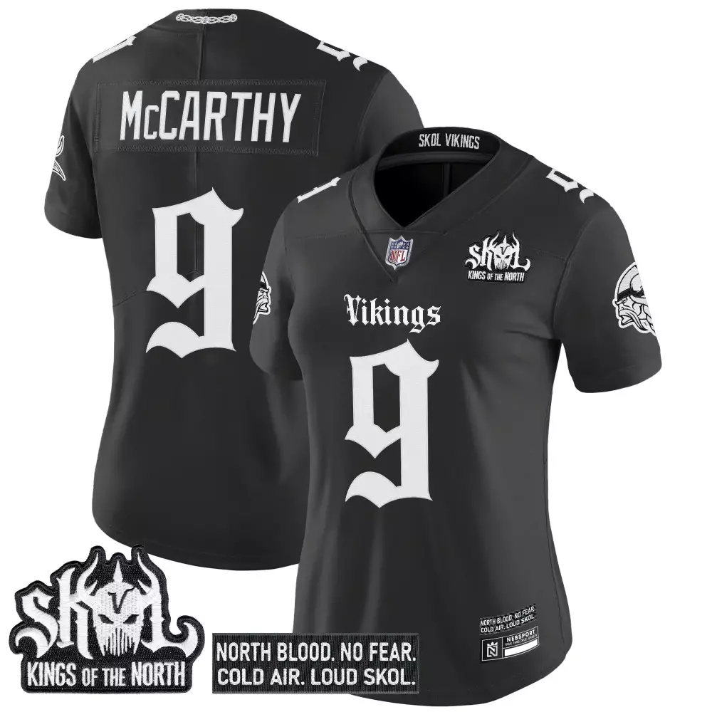 McCarthy 9 Minnesota Vikings 2023 Women's Black Vapor Jersey | Skol Patch Edition | Fan Gear for Women & Youth