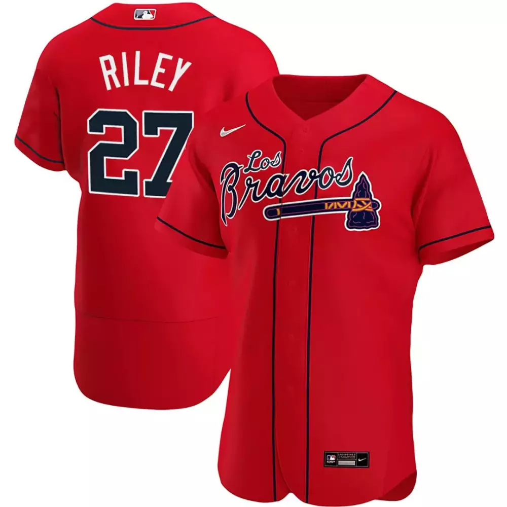 Riley 27 Atlanta Braves Red Stitched Jersey | 2023 Name Patch | Game Day Outfit | For Men, Women & Youth